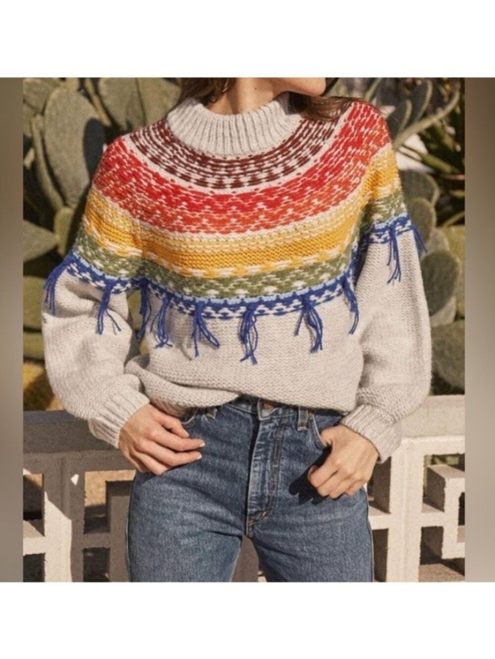 Saylor Womens Sweater Gray Rainbow Fringe Medium Boho Unique Southwestern